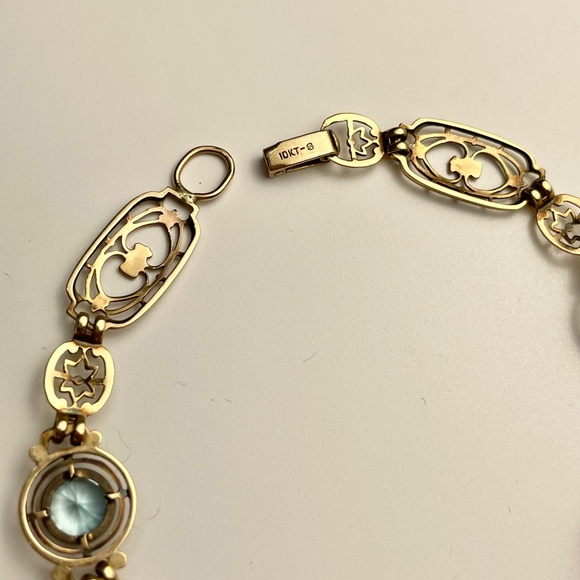 Vintage Art Deco 10K Solid Gold Natural Blue Zircon 5cts Fancy Link Bracelet - Picture 8 of 13